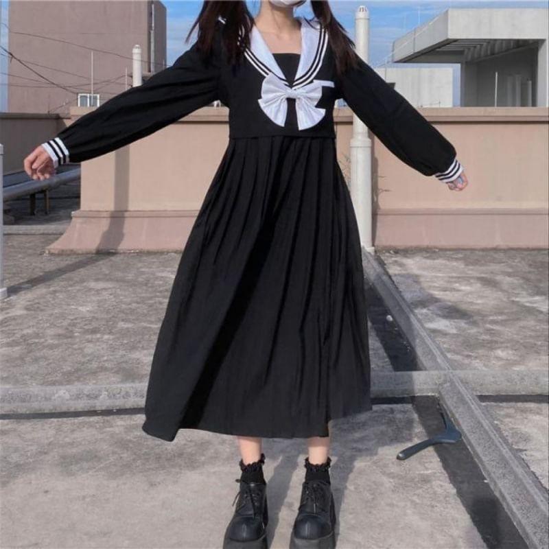 Puff-Sleeve Sailor Collar Striped Bow Midi A-Line Dress Product Image