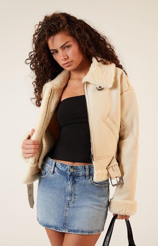 Women's Sherpa Faux Leather Bomber Jacket Product Image