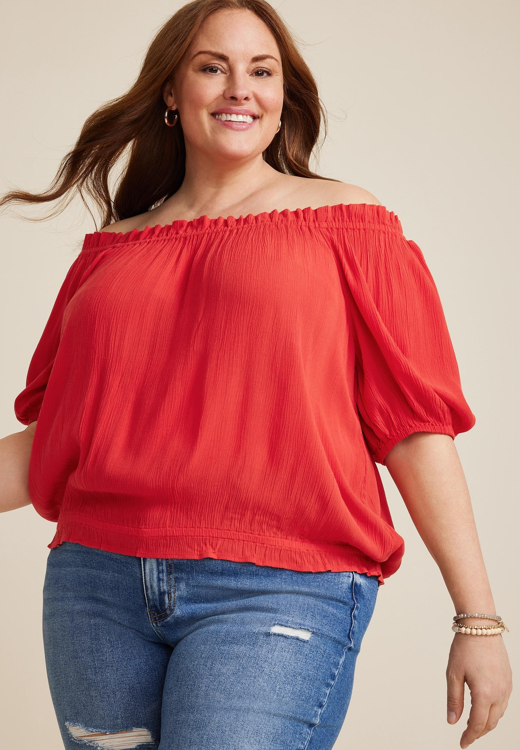 Maurices 0X Plus Size Womens Woven Off The Shoulder Blouse Red Product Image