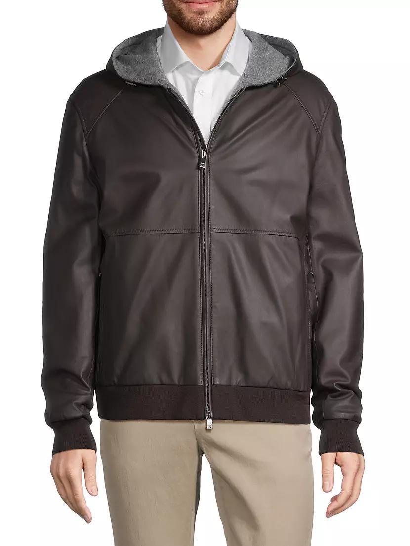 Leather Hooded Bomber Jacket Product Image