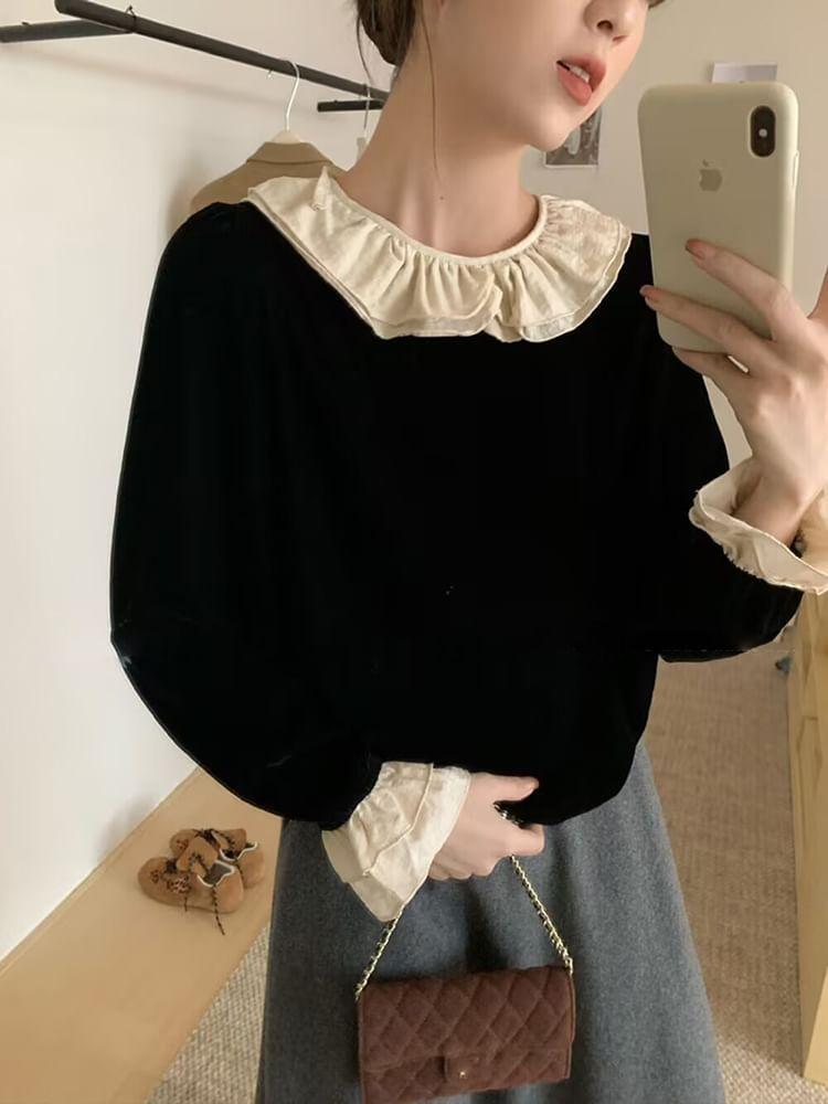 Long Sleeve Collared Two Tone Ruffle Panel Velvet Blouse Product Image