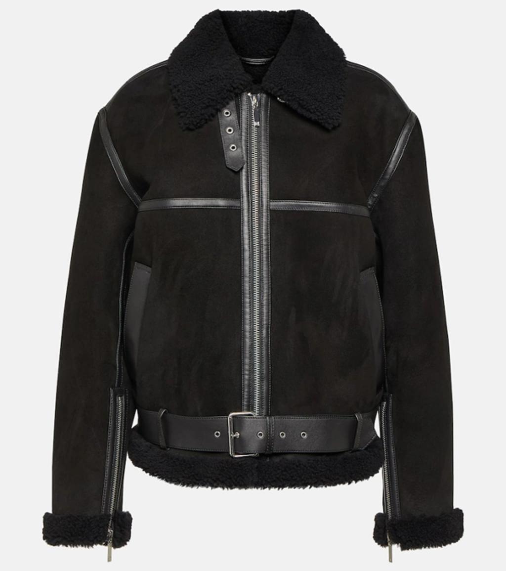 Shearling-trim Zip-up Suede Jacket In Black Product Image