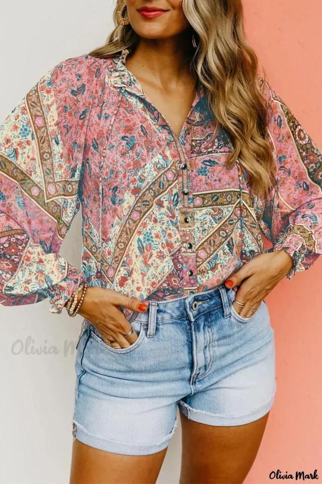 Olivia Mark – Exquisite Chestnut Vintage Floral Print Shirt with Puff Sleeves and Buttoned Design Product Image