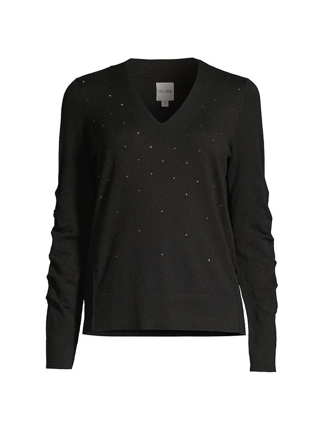 Womens Relaxed Glam Rhinestoned Cotton-Blend Sweater Product Image