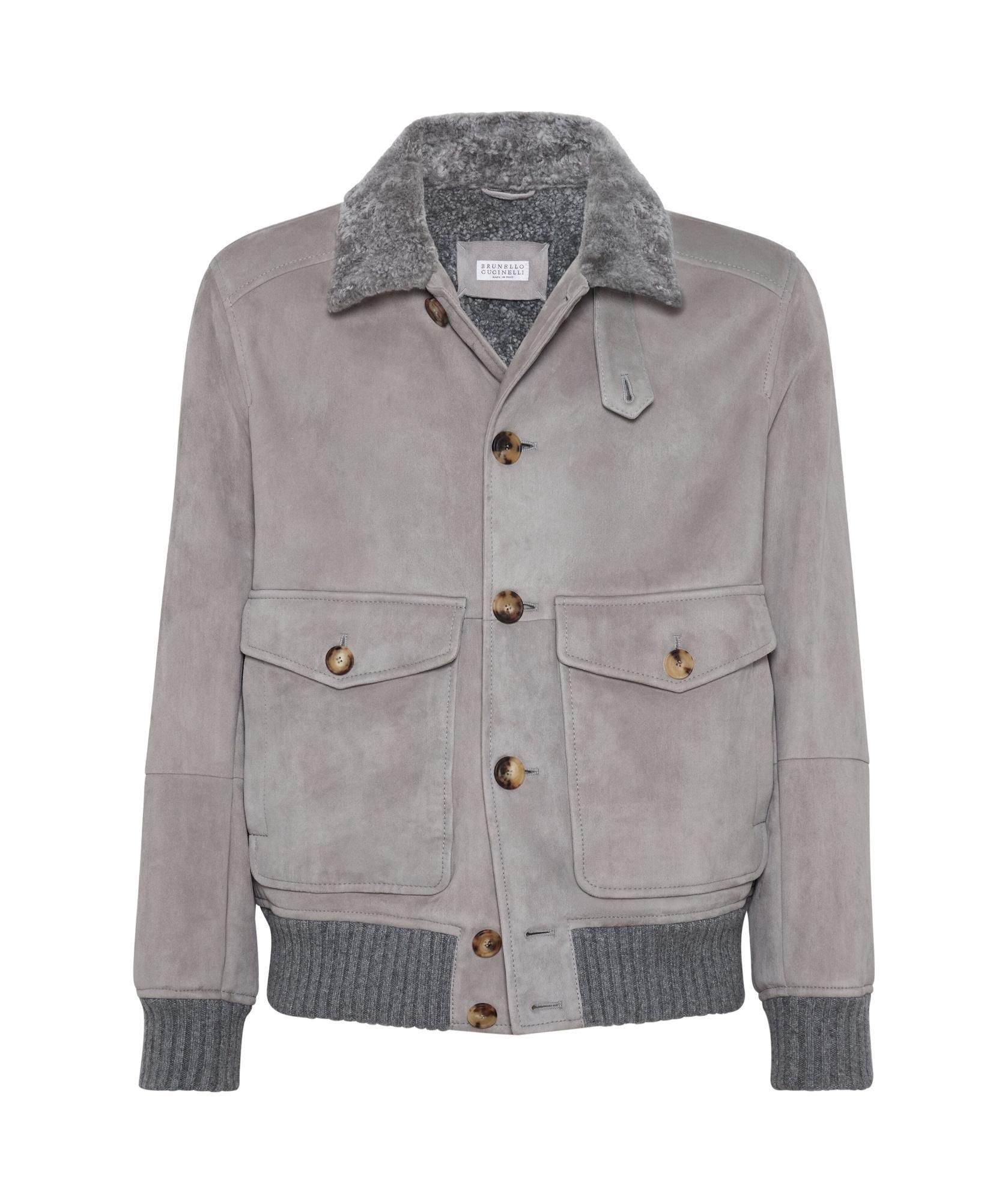 BRUNELLO CUCINELLI Shearling-collar Suede Jacket In Gray Product Image