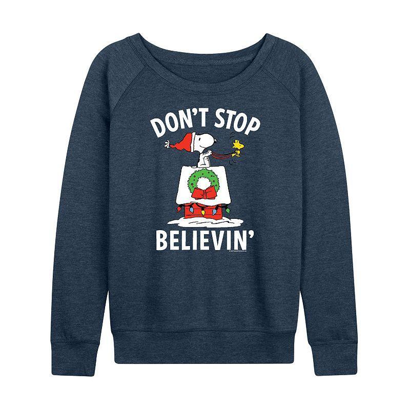 Womens Peanuts Believe Snoopy Slouchy Graphic Sweatshirt, Girls Grey Indigo Product Image