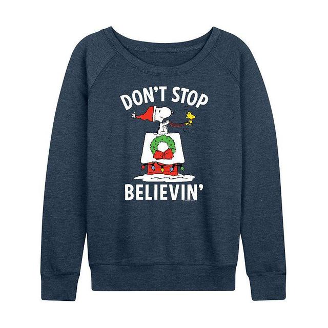 Womens Peanuts Believe Snoopy Lightweight French Terry Sweatshirt Grey Indigo Product Image