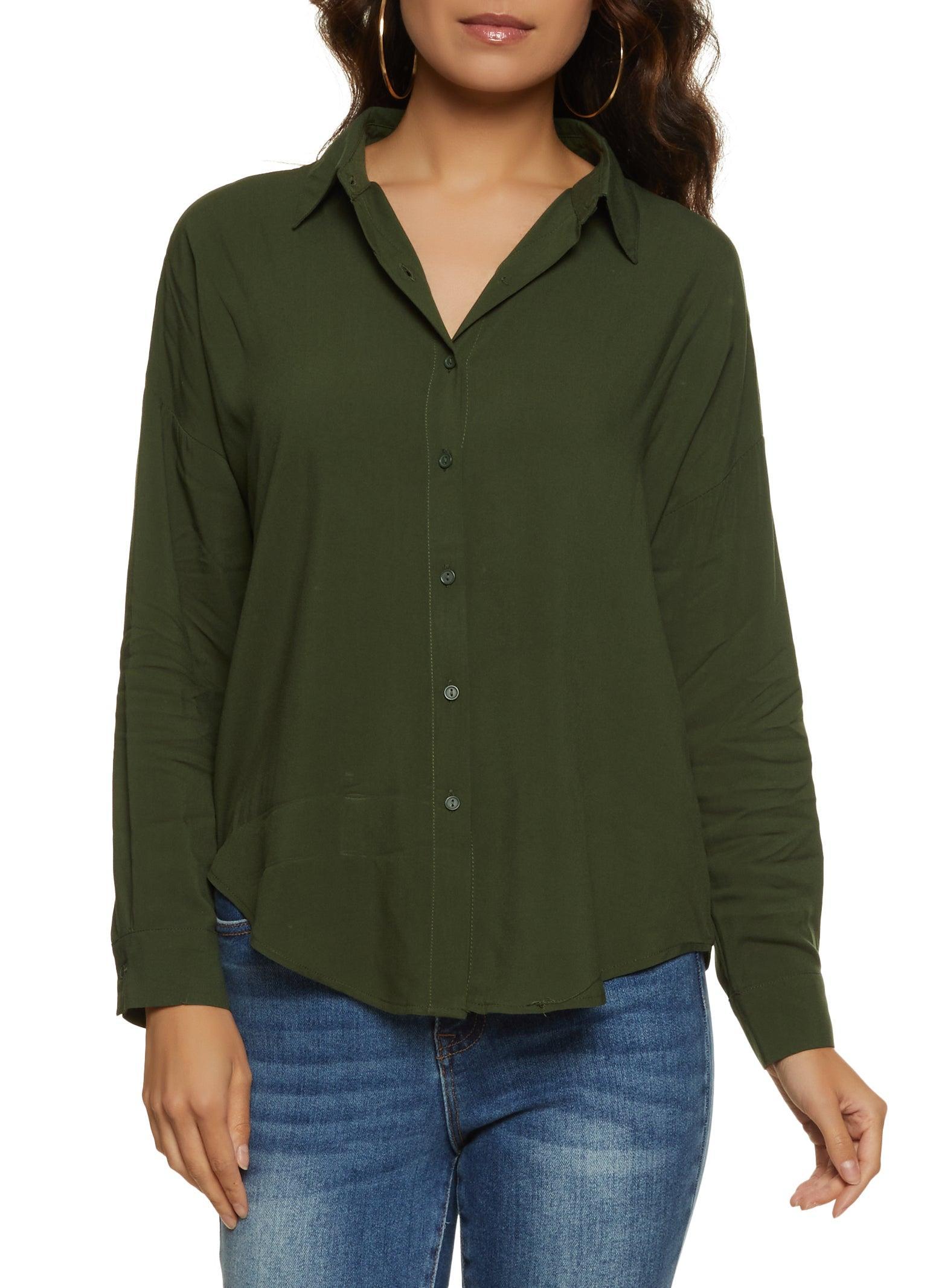 Womens Solid Long Sleeve Button Front Shirt Product Image