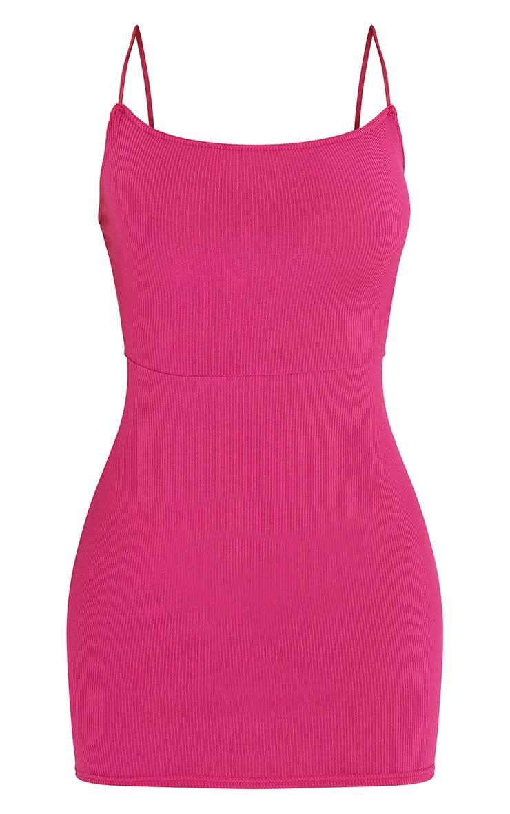 Hot Pink Ribbed Lace Up Back Bodycon Dress Product Image