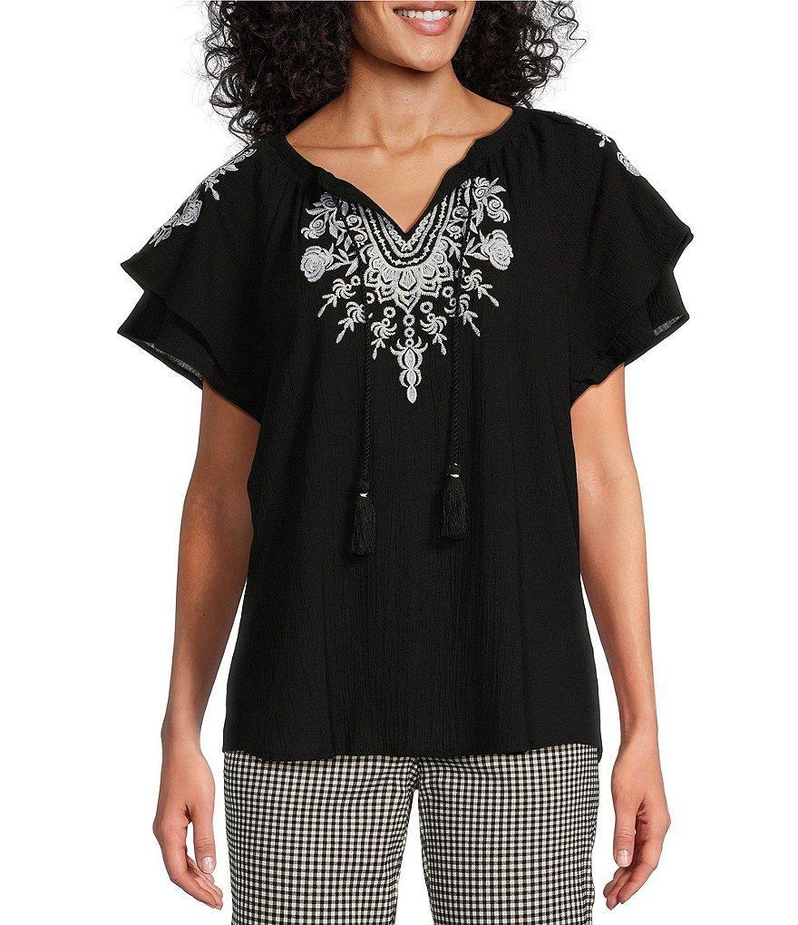 Allison Daley Petite Size Floral Embroidered Flutter Sleeve Tie Neck Blouse Product Image