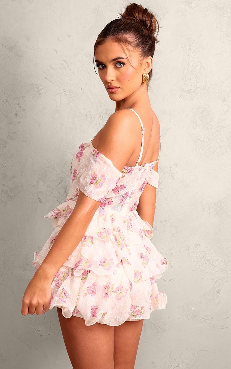 Pink Floral Print Dobby Textured Chiffon Frilly Romper Product Image