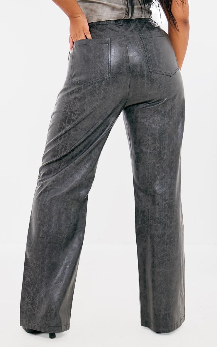 Plus Dark Grey Washed Faux Leather Panel Detail Straight Leg Pants Product Image