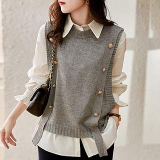 Long-Sleeve Plain Button-Up Shirt / Plain Crew Neck Sweater Vest Product Image