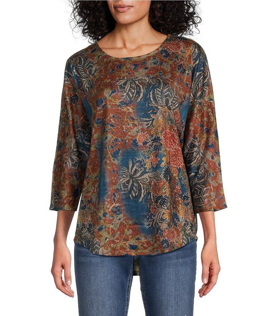 Leo & Nicole Knit Floral Vision Print Crew Neck 3/4 Dolman Sleeve Top Product Image