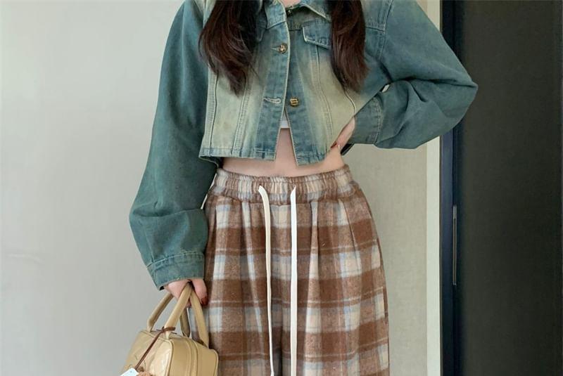 Drawstring Waist Plaid Wide Leg Pants Product Image