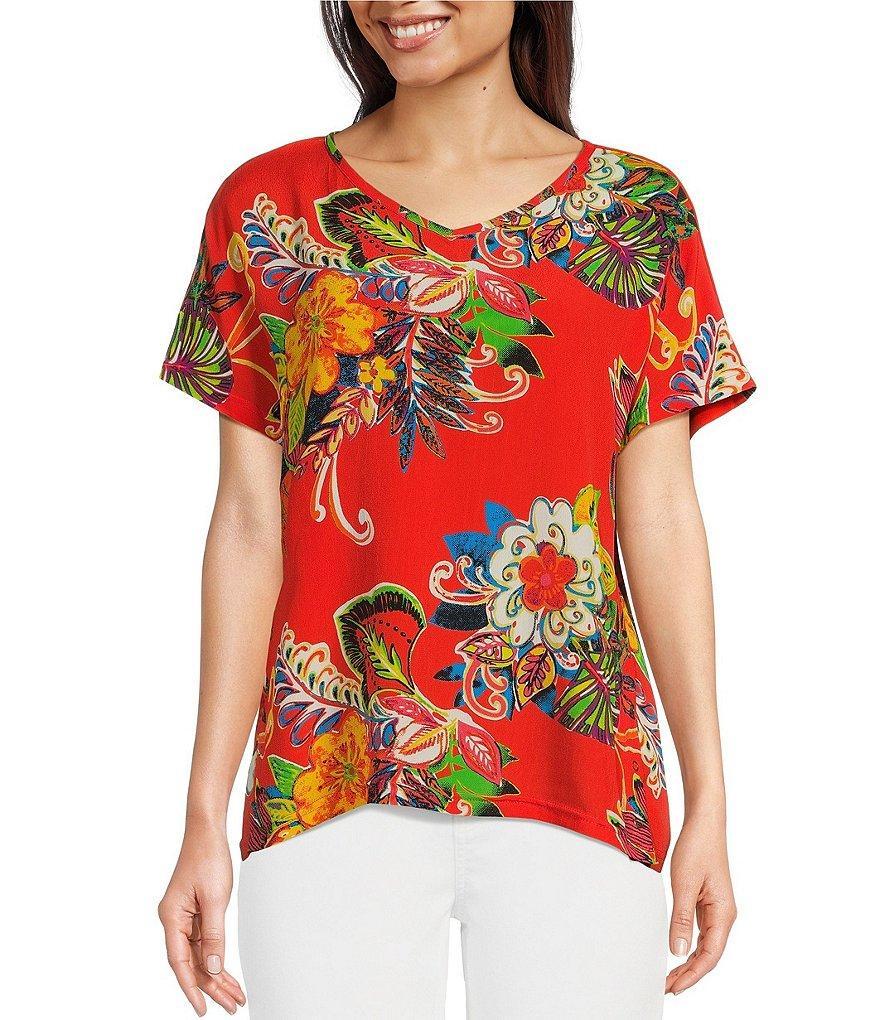 Tru Luxe Jeans Woven-Knit Mixed Floral Print V-Neck Banded Cap Sleeve Top Product Image