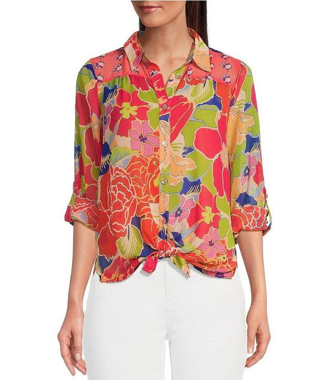 Figueroa & Flower Woven Floral Point Collar Long Roll-Tab Sleeve Button-Front Shirt Product Image