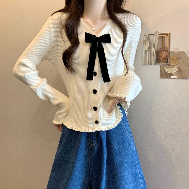 Long-Sleeve V-Neck Bow Heart Button Ribbed Knit Top Product Image