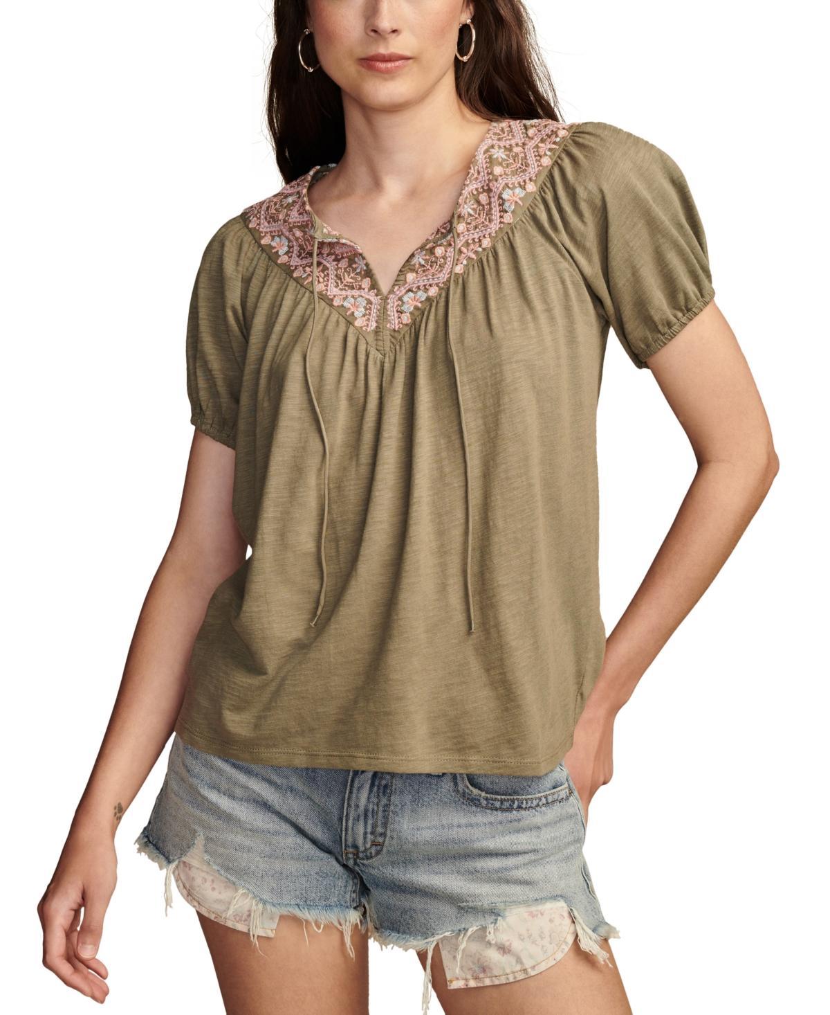 Lucky Brand Womens Embroidered Tie-Neck Peasant Top Product Image