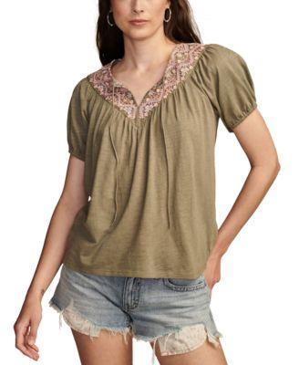 Women's Embroidered Tie-Neck Peasant Top Product Image