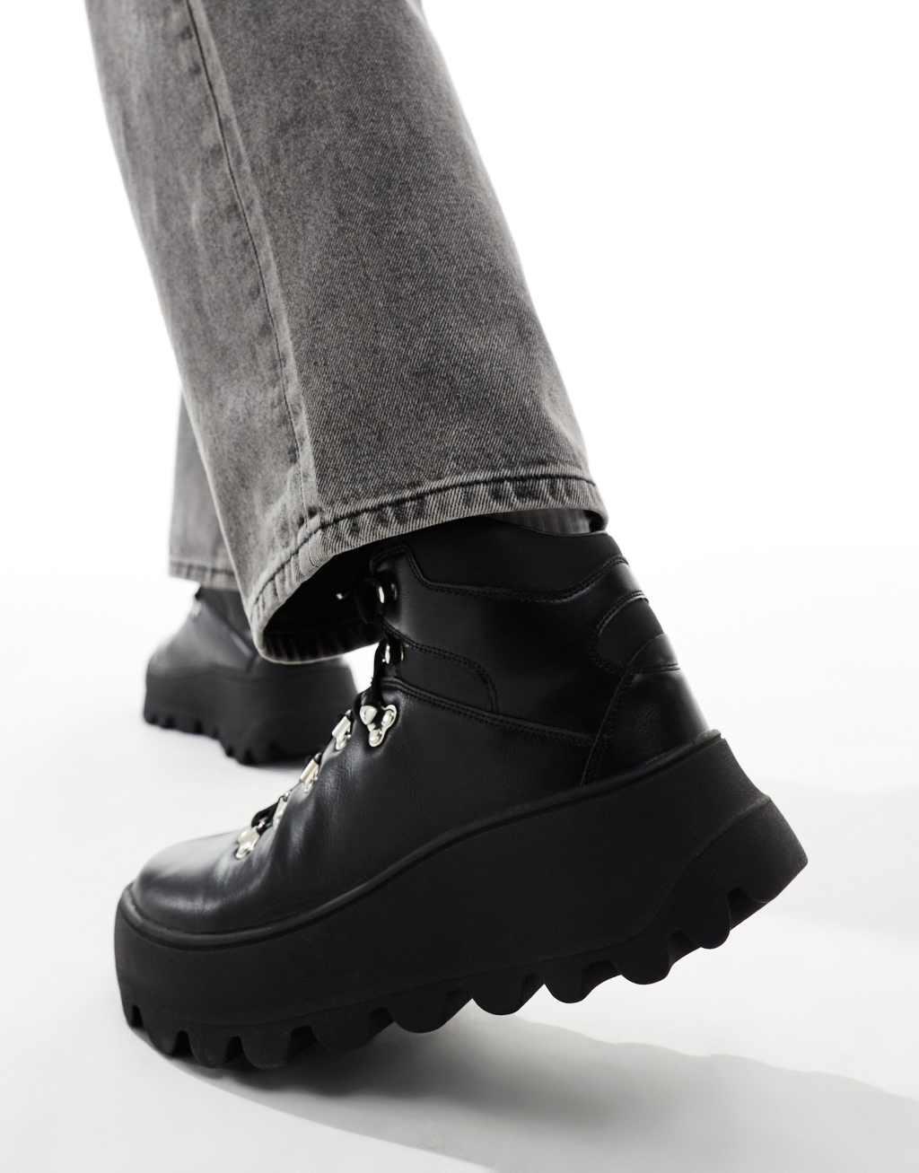 ASOS DESIGN lace up hiker boot in black with chunky sole Product Image