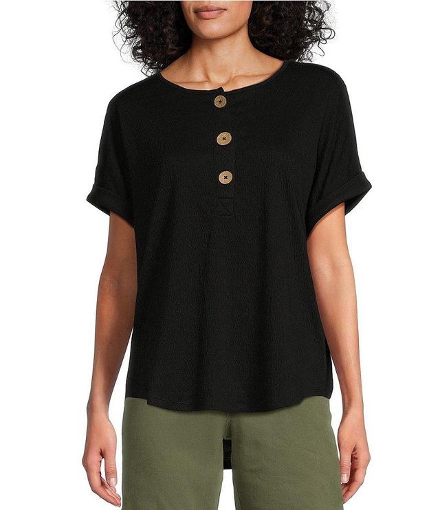 Westbound Petite Size Crinkle Henley Crew Neck Cuffed Rounded Hem Short Sleeve Top Product Image