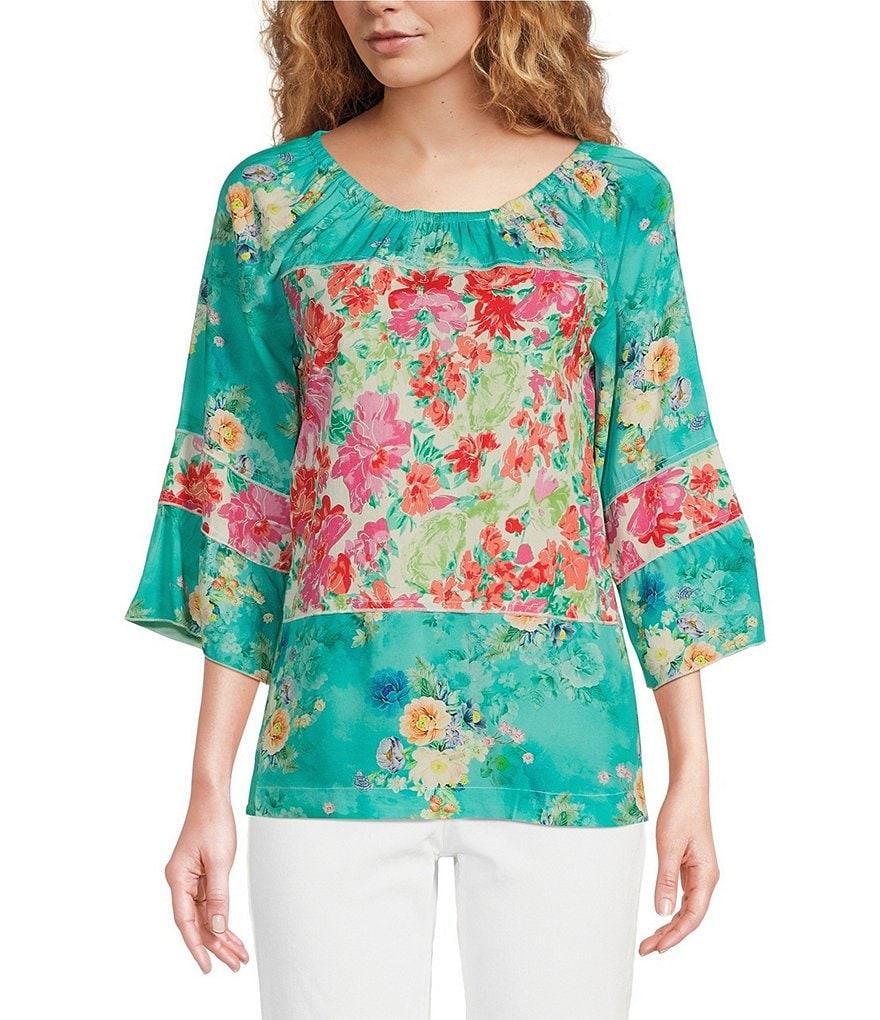 Calessa Petite Size Woven Spring Floral Print Scoop Neck 3/4 Sleeve Peasant Tunic Product Image