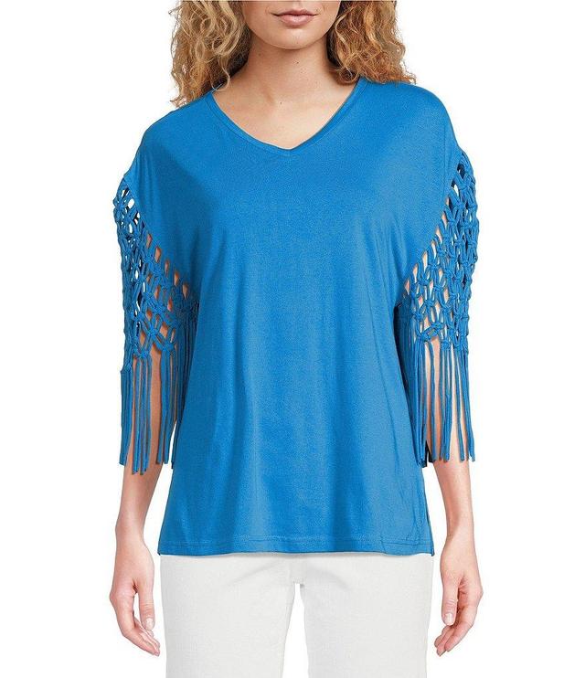 Tru Luxe Jeans V Neck Knit Fringe Short Sleeve Top Product Image