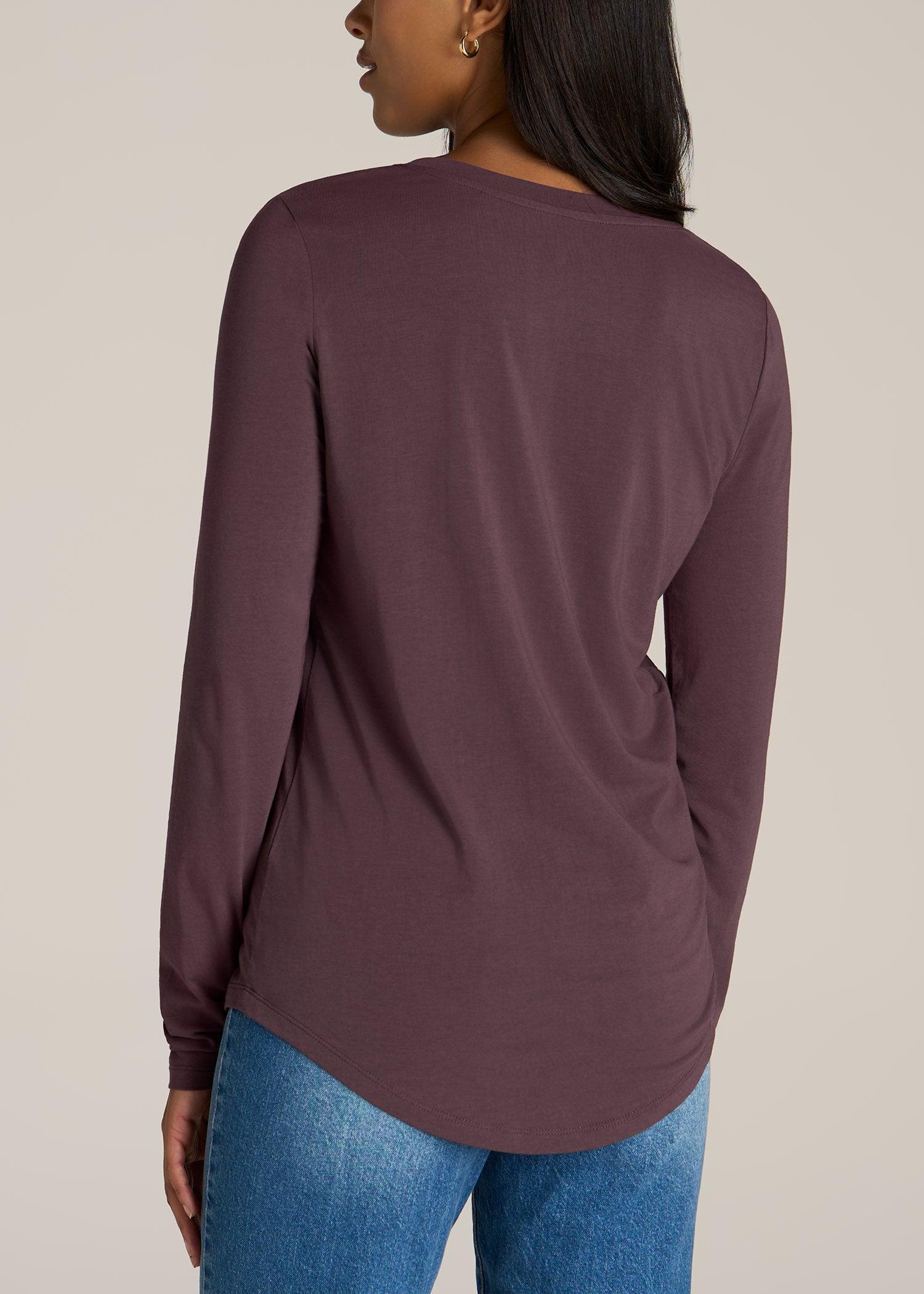 Long Sleeve Scoop V-Neck Tee Shirt for Tall Women in Merlot Female Product Image