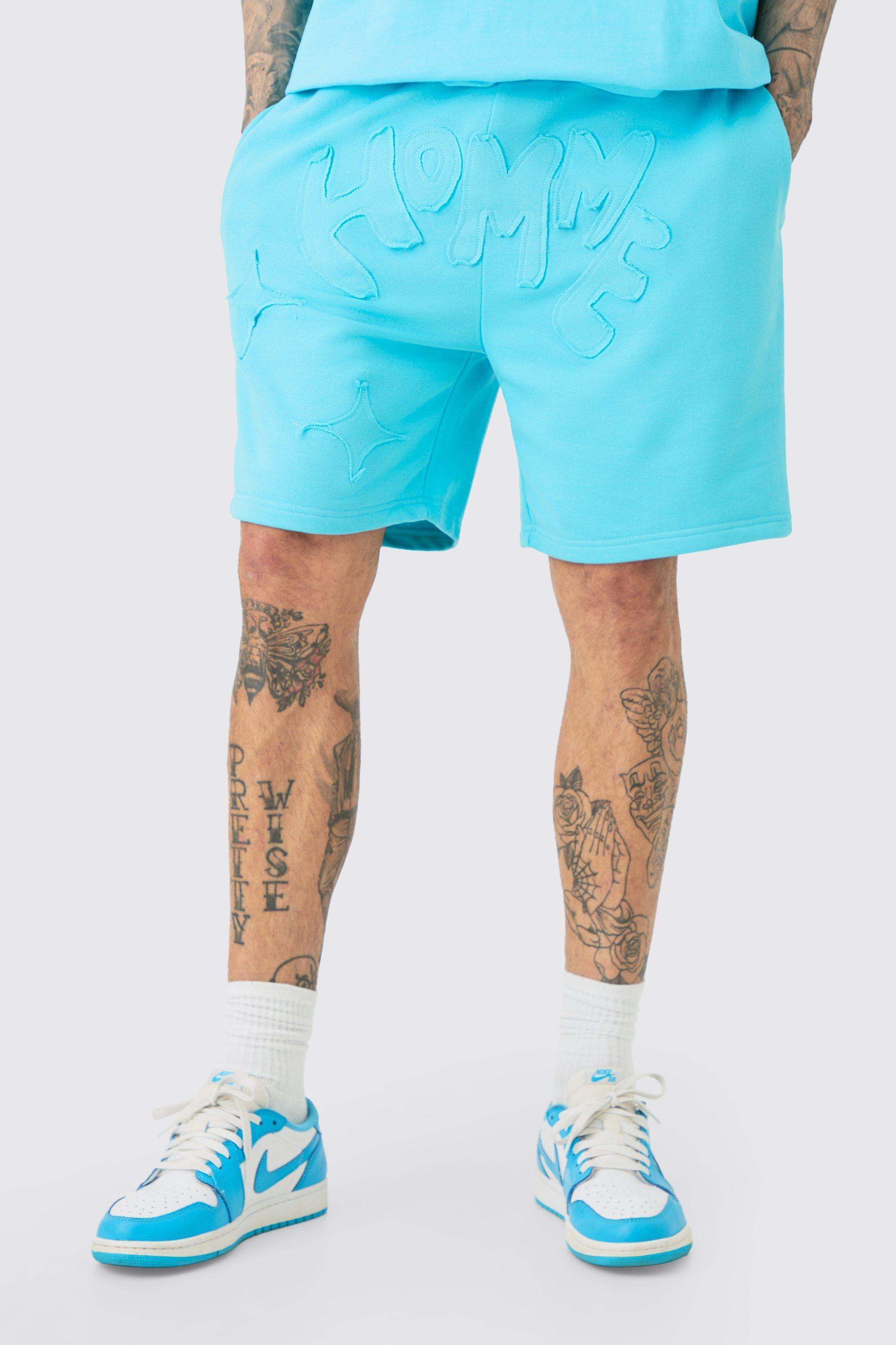 Tall Distressed Homme Applique Loose Short In Blue | boohooMAN USA Product Image