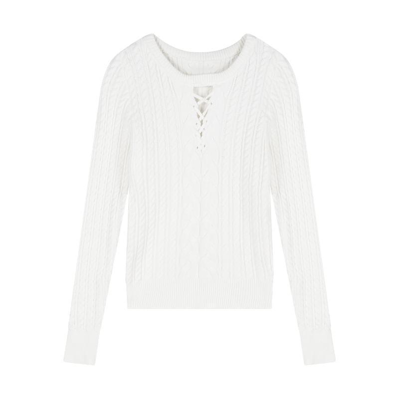 Long-Sleeve Round Neck Plain Cutout Cable Knit Slim Fit Top Product Image