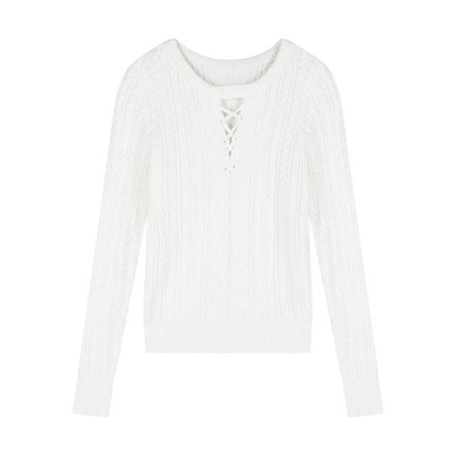 Long-Sleeve Round Neck Plain Cutout Cable Knit Slim Fit Top Product Image