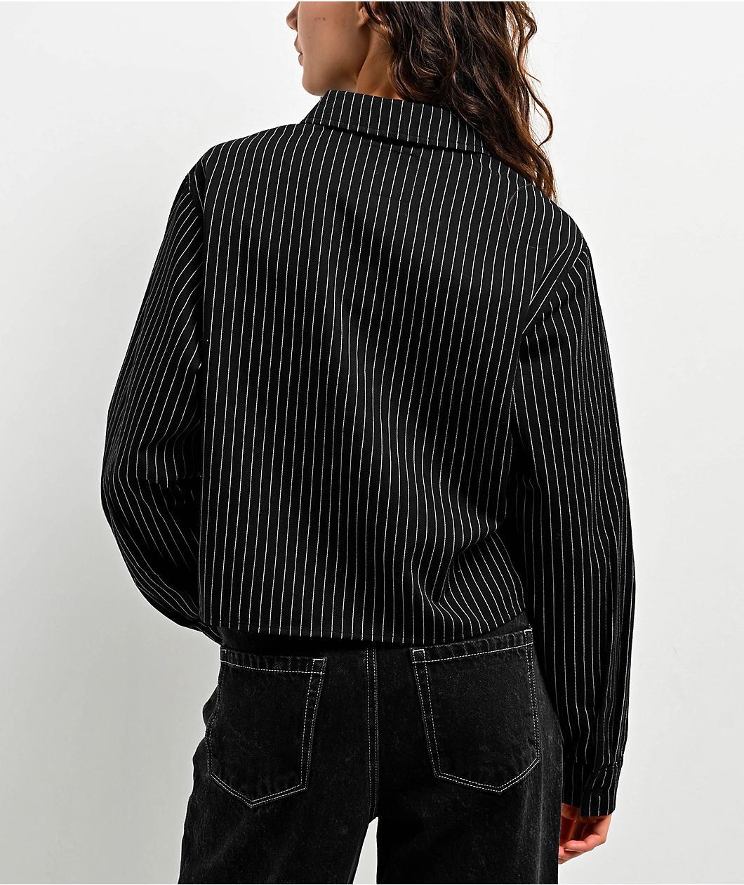 Lurking Class By Sketchy Tank Lurker Stripe Black & White Long Sleeve Crop Button Up Shirt Product Image