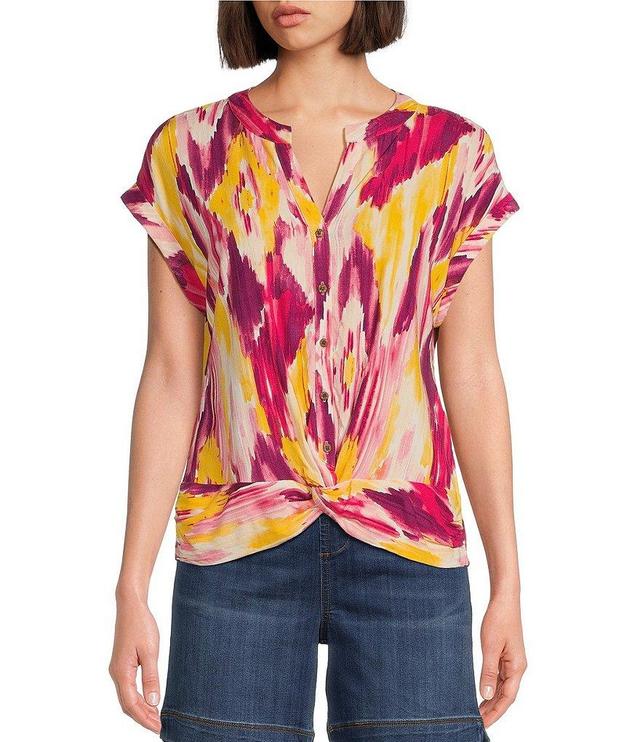Westbound Knit Diamond Ikat Short Sleeve Y-Neck Button Front Twist Detail Top Product Image
