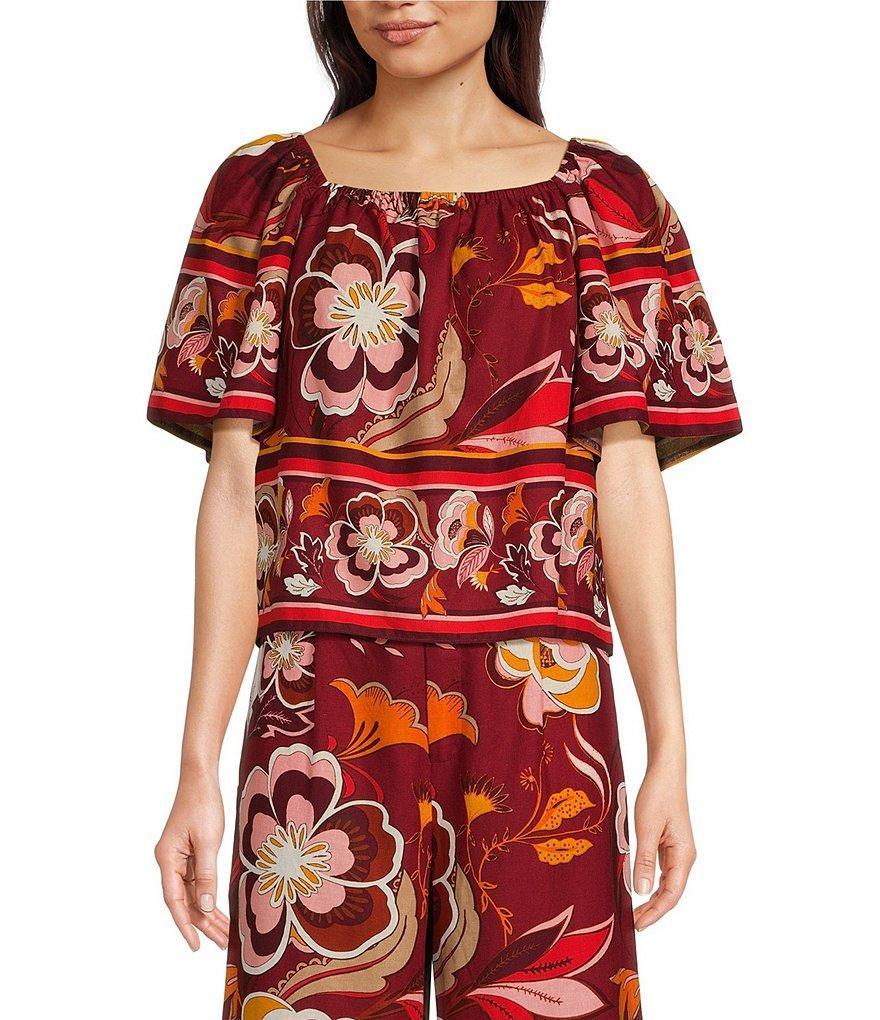 Gibson & Latimer Coordinating Floral Print Elastic Ruched Square Neck Short Puff Sleeve Top Product Image