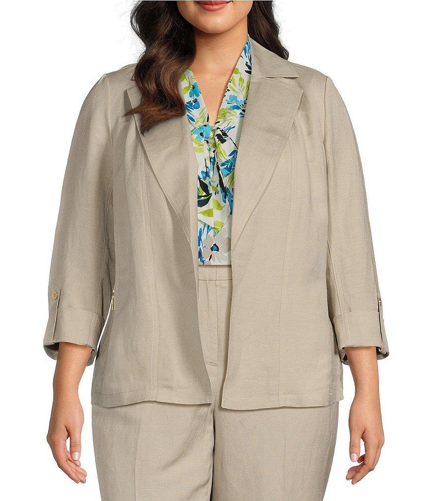 Kasper Plus Size Linen Blend Cuffed Sleeve Open Front Jacket Product Image