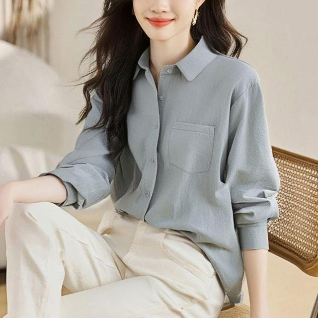 Long-Sleeve Plain Pocket Detail Shirt Product Image