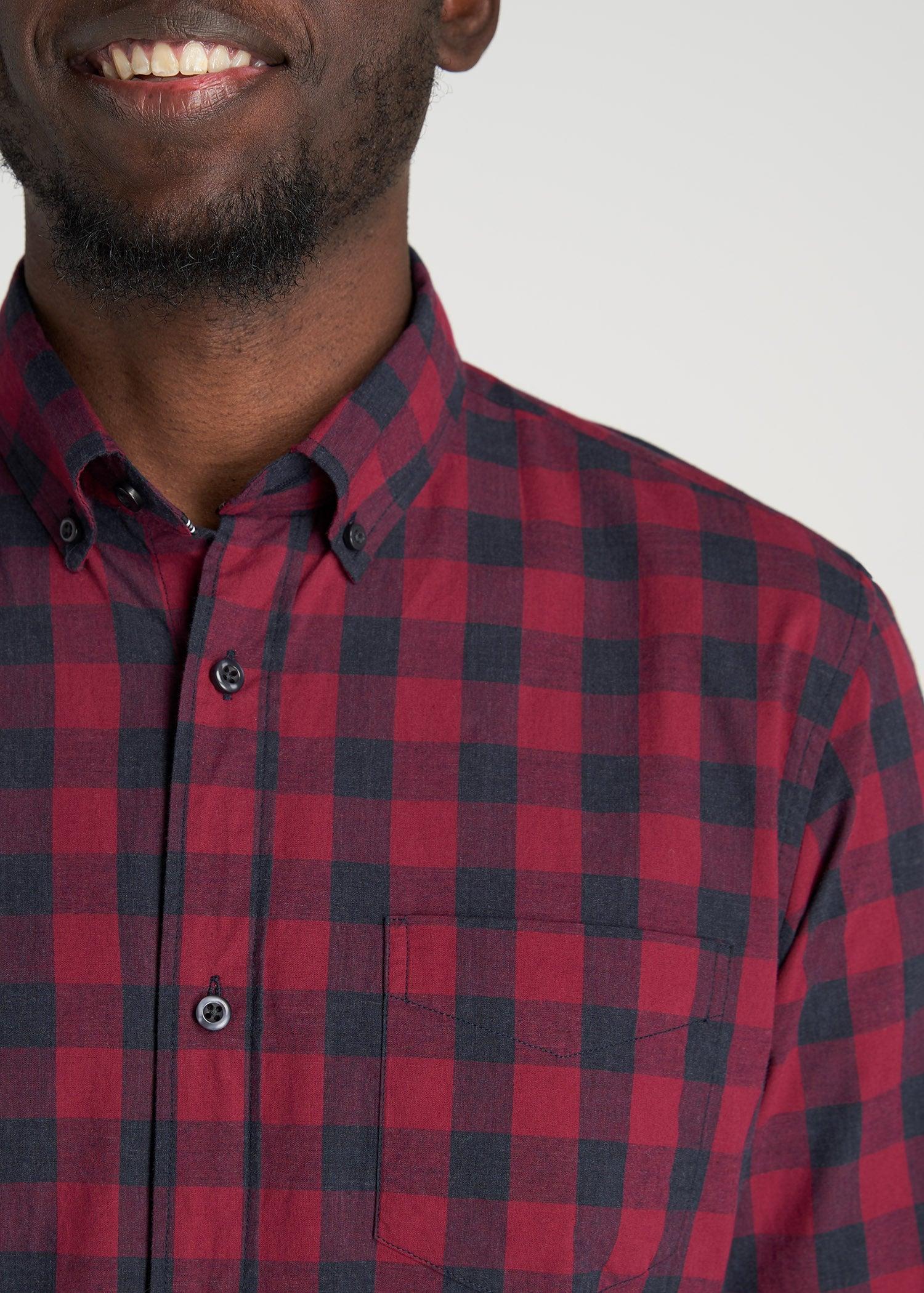 Soft-Wash Button-Up Shirt for Tall Men in Red & Deep Denim Plaid Product Image