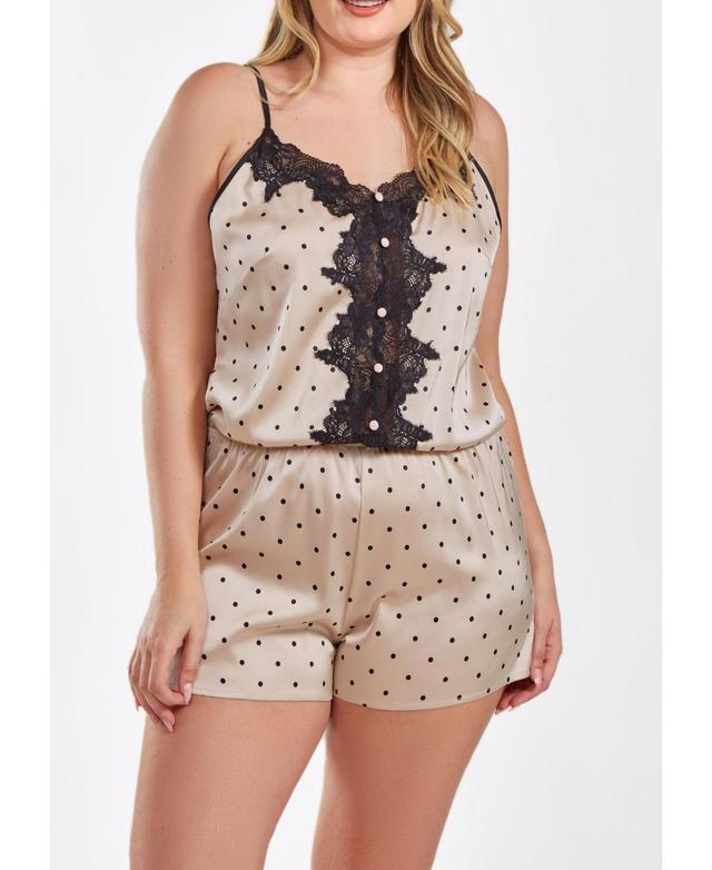 iCollection Kareen Plus Size Dotted Satin Romper with Button Down Lace Overlay Product Image