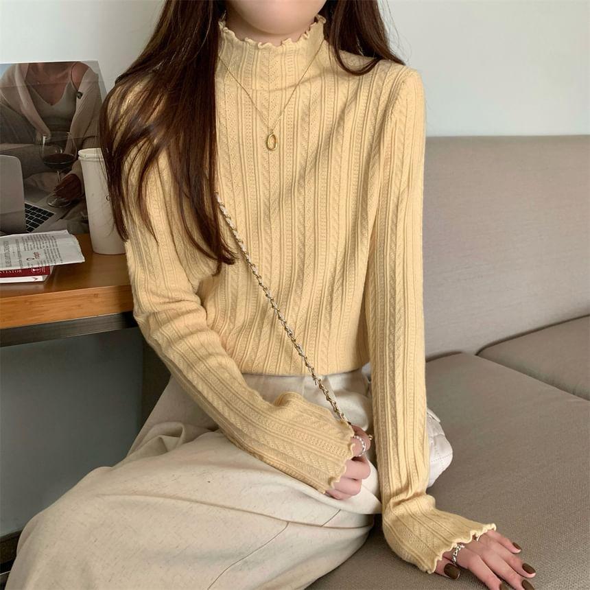 Long-Sleeve Mock Neck Plain Lettuce Edge Knit Top Product Image