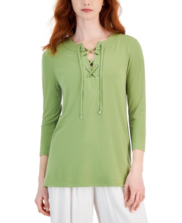 Jm Collection Womens Solid 3/4 Sleeve Lace-Up Knit Top, Created for Macys Product Image