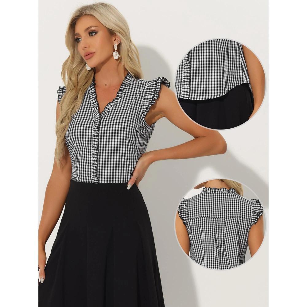 Allegra K Women's Button-Down Cap Sleeve Plaid Gingham Ruffle Shirt Product Image