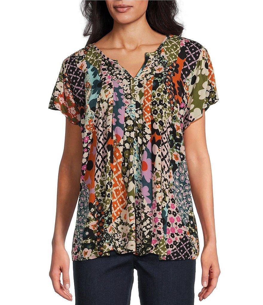 Intro Printed Crinkled Gauze Split Round Neck Short Sleeve Top Product Image