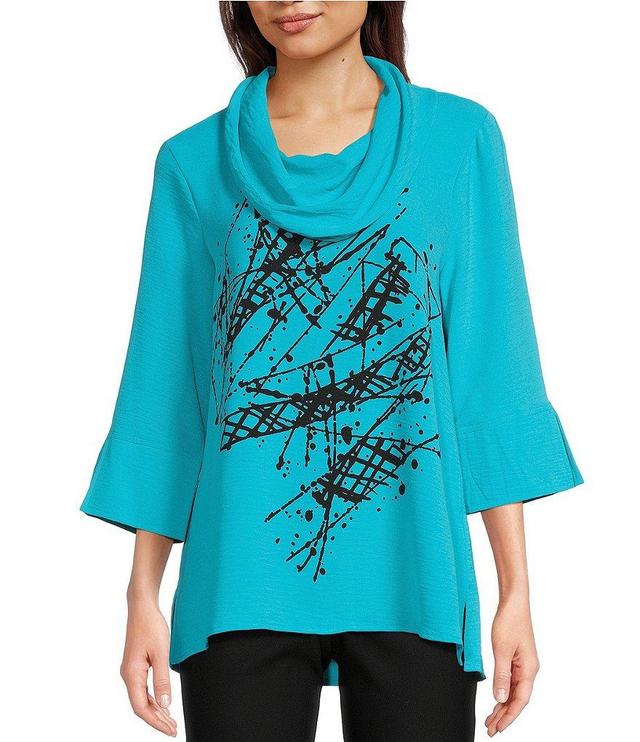 Ali Miles Petite Size Woven Abstract Print Cowl Neck 3/4 Sleeve High-Low Hem Pop Over Tunic Product Image