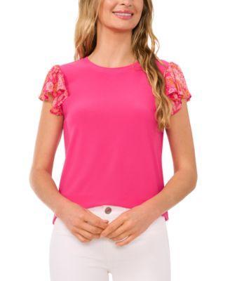 CeCe Womens Mixed-Media Flutter-Sleeve Knit Top Product Image