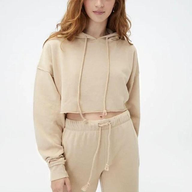 Drop Shoulder Drawstring Plain Cropped Hoodie Product Image