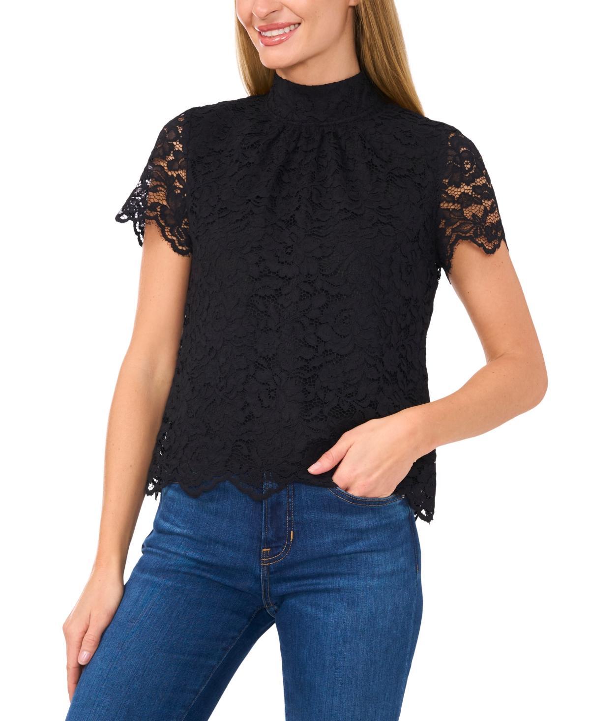 CeCe Womens Lace Mock Neck Cap Sleeve Blouse Product Image