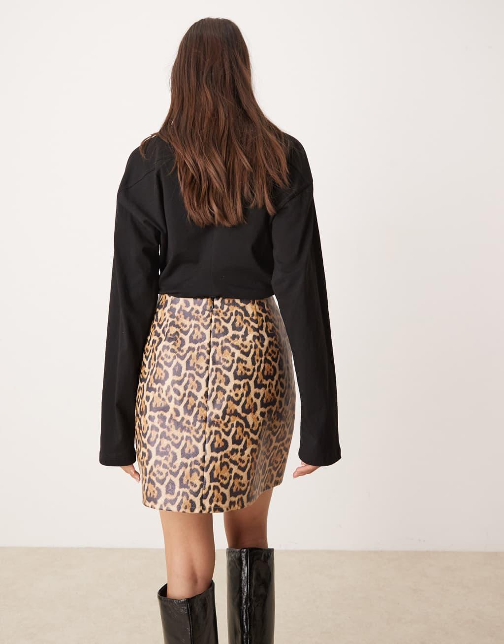 Miss Selfridge faux leather mini skirt with bow detail in leopard Product Image