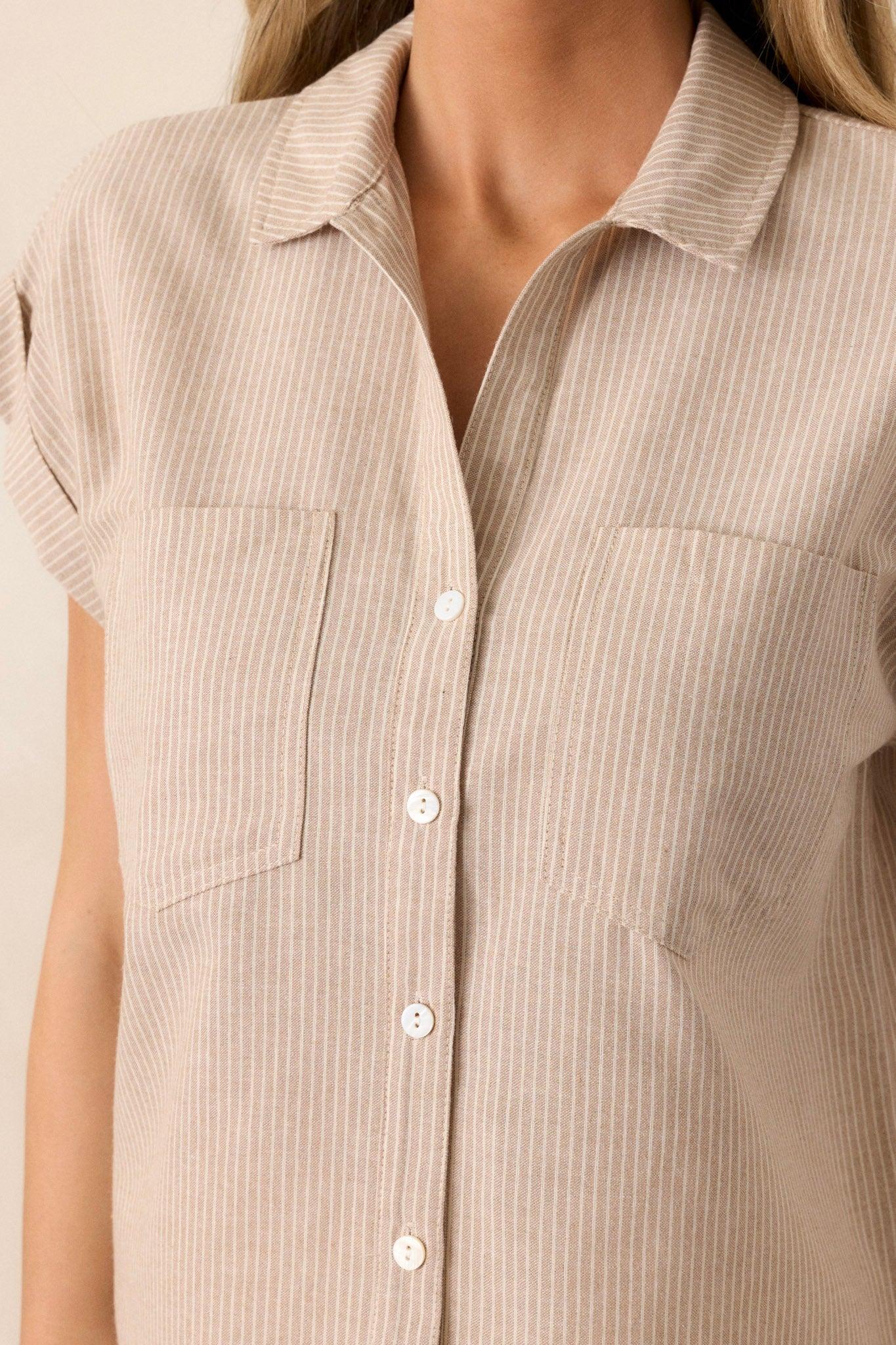 Know The One Taupe Striped Button Front Top Product Image