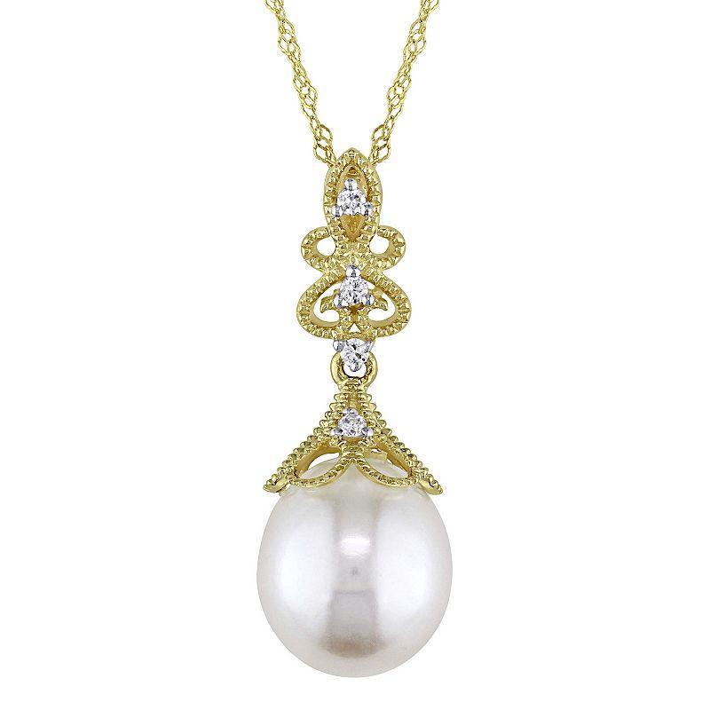 Stella Grace 14k Gold Freshwater Cultured Pearl & Diamond Accent Vintage Drop Necklace, Womens White Product Image